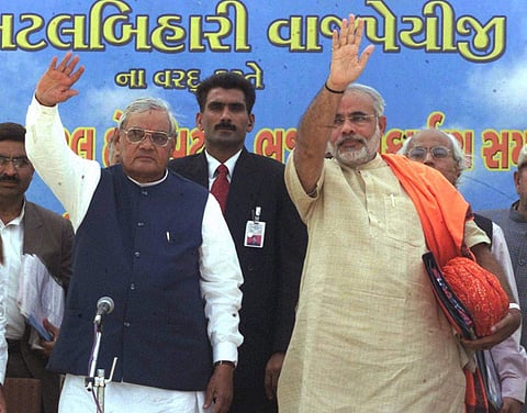 The then Gujarat Chief Minister Narendra Modi with former PM Atal Bihari Vajpayee at a function in Bhuj in January 2004. (Photo | File)