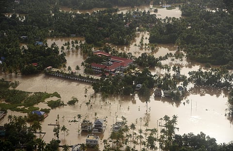 Kerala Floods: An aerial view of flood hit Aluva-Paravur region. Most of the houses and buildings are fully or partially submerged by water. (Photo | Albin Mathew/EPS)