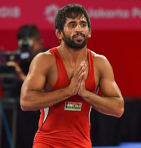 India's Bajrang Punia after winning Semifinals round in the men's freestyle wrestling 65kg against Mongolia's Batmagnai Batchuluun at the Asian Games 2018 in Jakarta on Sunday. (Photo | PTI)