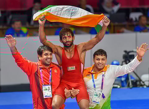 ndia's wrestler Bajrang Punia reacts after his semi-final victory. (Photo | PTI)