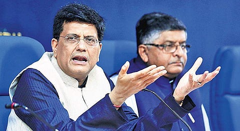 Union Finance Minister Piyush Goyal and Minister for IT, Law and Justice Ravi Shankar Prasad at a press meet in New Delhi on Wednesday, 01 August 2018. (Photo EPS/Shekhar Yadav)