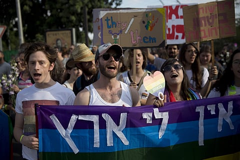 Participants march during annual Gay Pride parade in Jerusalem, Thursday, Aug. 2, 2018. Sign in Hebrew reads 'I have no other country'. (Photo | AP)