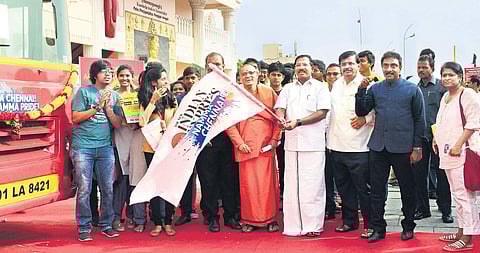 On day one of Madras Week, K Pandiarajan, Minister for Tamil Official Language & Tamil Culture, flags off the double-decker ride in the presence of Swami Vimurtanandaji Maharaj, manager of Ramakrishna Math; RJ Ramnarayana, Director of AMN Global group; Vi