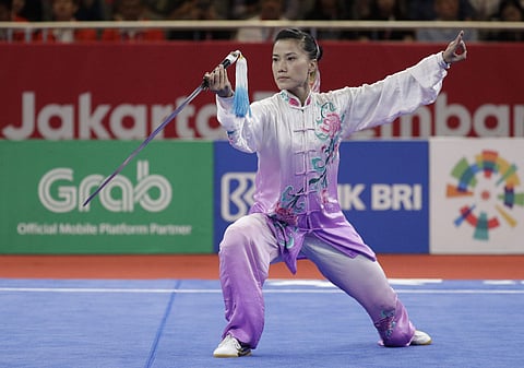 India's Senatombi Leimapokpam performs during the Women's Taijijian event Wushu games | AP