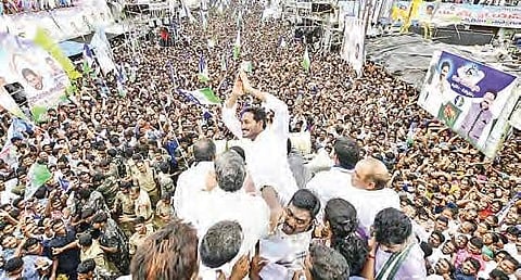 YSRC chief YS Jagan at a public meeting in Kotavurutla on Monday | EXPRESS