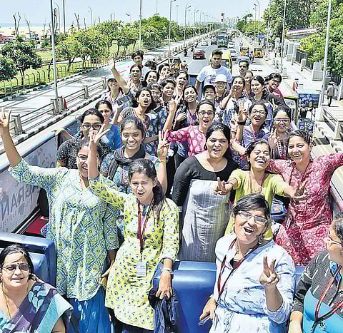 Students from the BBA and BCom departments of MOP  Vaishnav College for Women and the NSS Unit hopped on to the double-decker bus  Ashwin Prasath