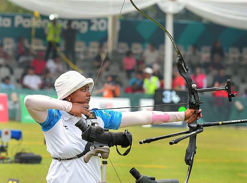 Indian archer Deepika Kumari takes aim during women's recurve team elimination event at the Asian Games 2018 in Jakarta on Thursday August 23 2018. | PTI