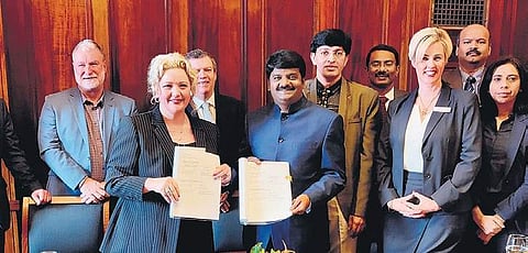 Health minister C Vijaya Baskar and minister for health and ambulance services of Victorian Government Jill Hennessy exchanging SOI in Melbourne on Wednesday