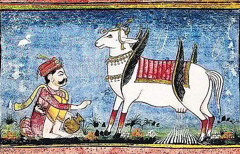 Accepting the entreaties of Vashistha, Vishwamitra the king agreed to have a feast in the sage’s ashram. Vashistha had a cow called Sabala.