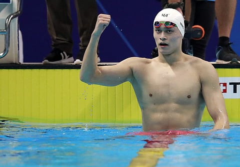 China's Sun Yang celebrates after winning the men's 800m freestyle final during the swimming competition at the 18th Asian Games in Jakarta, Indonesia, Monday, Aug. 20, 2018. | (File | AP)