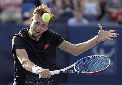 Daniil Medvedev, of Russia, returns a shot to Steve Johnson during the championship match of the Winston-Salem Open tennis tournament in Winston-Salem. (Photo | AP)