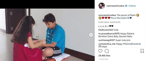 Mahesh Babu's daughter tying rakhi for her brother. (Photo | Namrata Shirodkar| Instagram)