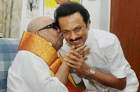 Late Tamil Nadu chief minister Karunanidhi with his son MK Stalin. (File photo | EPS)