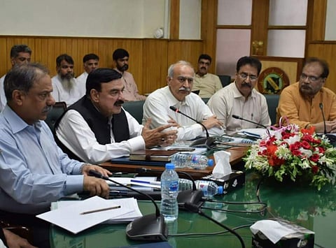 Pakistan Minister for Railways Sheikh Rasheed speaking at the Railway Headquarters, lahore (Photo | Twitter)