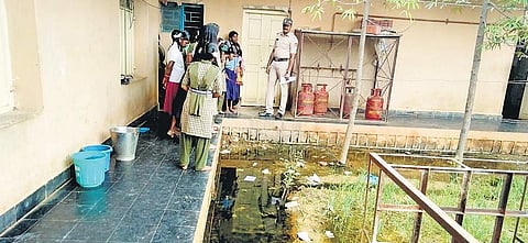 The premises of a hostel run by Social Welfare Department in Koppal district is filled with sewage water, which is a breeding ground for mosquitoes; (left) one of the rooms in the hostel has been turned into a kitchen  | EXPRESS