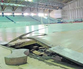 The damaged wooden flooring of  Saroor Nagar Stadium | R Satish Babu