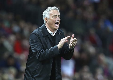 Manchester United manager Jose Mourinho shouts out from the touchline during the English Premier League soccer match between Manchester United and Tottenham Hotspur at Old Trafford stadium. | AP