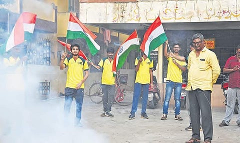 Archer Jyothi Surekha’s family and friends celebrating her victory in Vijayawada on Tuesday | R V K Rao