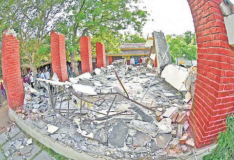 The school dais where the roof collapsed when 20 kids were inside, in Hyderabad on Thursday | Vinay Madapu