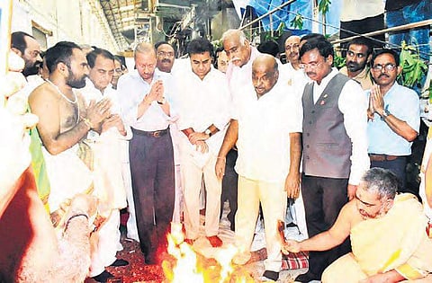 IT minister KT Rama Rao takes part in a pooja before the reopening of Sirpur paper mill, at  Kaghaznagar in Kumram Bheem Asifabad district on Thursday | Express