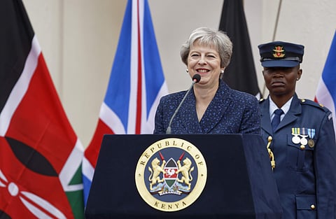 Britain's Prime Minister Theresa May smiles at a journalist's question during a joint press briefing with Kenya's President Uhuru Kenyatta at State House in Nairobi, Kenya Thursday, Aug. 30, 2018. (Photo | AP)