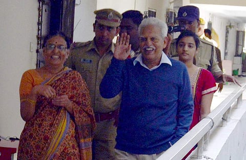 Writer Varavara Rao welcomed by his family on his return to Hyderabad. Rao was arrested on Tuesday afternoon and taken to Pune court in multi-city raids which rounded up four other rights activists. (Photo | EPS