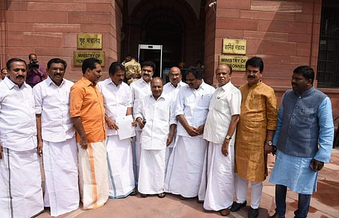 Kerala MPs led by A K Antony on their way to meet Home Minister Rajnath Singh for seeking relief for the flood-hit state in New Delhi on August 30, 2018. (Photo | Parveen Negi/EPS)