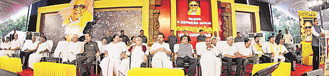 National leaders cutting across party lines come together during an event commemorating late DMK leader M Karunanidhi in Chennai on Thursday | pti