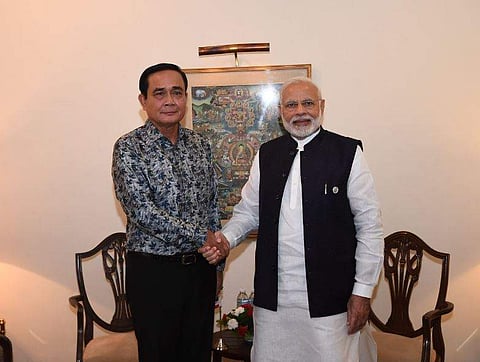 Prime Minister of Thailand Prayuth Chan-ocha with Indian PM Narendra Modi in Kathmandu. (Photo: Twitter)