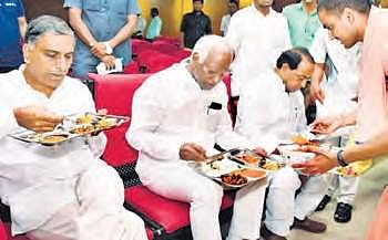 Ministers Harish Rao, K Srihari and A Indrakaran Reddy taste the midday meals at Secretariat | Express