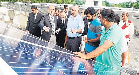 Acting Chief Justice of Jharkhand High Court Justice DN Patel (second from left) inspects the newly installed solar panels in the district court of Khunti | Express