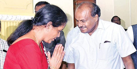 Defence Minister Nirmala Sitharaman greeting Chief Minister H D Kumaraswamy at Vidhana Soudha in Bengaluru on Saturday | Vinod Kumar T