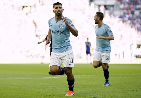 Manchester City striker Sergio Aguero celebrates scoring his second goal of the game during the Community Shield soccer match against Chelsea and Manchester City at Wemble. (Photo | AP)
