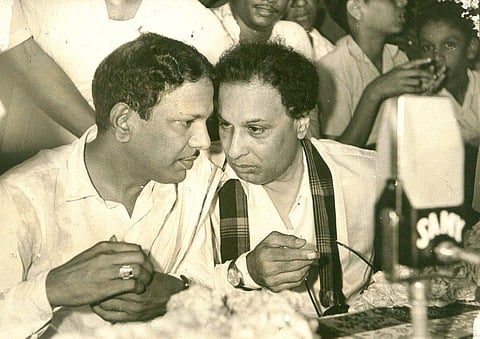 M Karunanidhi, the 94 year old political stalwart, former Tamil Nadu CM and DMK chief breathed his last on Tuesday 7 August 2018. Here are images of the Kalaignar with film personalities. In picture: M Karunanidhi and M G Ramachandran (right) at a meeting