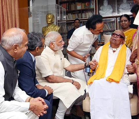 Prime Minister Narendra Modi calls on DMK President M Karunanidhi at the laters Gopalapuram residence in Chennai (Photo | EPS)