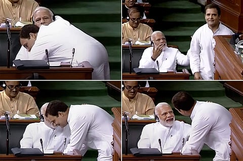 Congress President Rahul Gandhi surprised the Lok Sabha when after bitterly criticising the BJP-led government during the no-confidence motion, he walked across to the treasury benches and hugged Prime Minister Narendra Modi. (File)