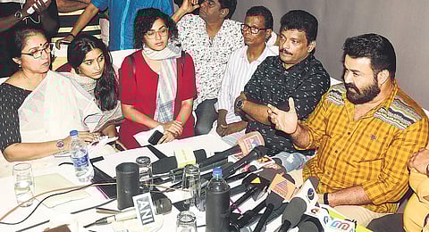 AMMA president Mohanlal addressing mediapersons at Crown Plaza in Kochi on Tuesday  | Express