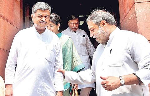 BK Hariprasad with senior Congress leader Anand Sharma after filing his nomination in New Delhi on Wednesday I Shekhar Yadav