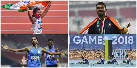 From top left to bottom right, Indian sportspersons, Swapna Barman, Dharun Ayyasamy, Manjit Singh, and the men's rowing team (Photos | PTI)