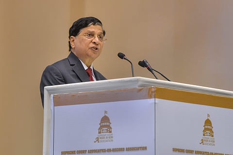 Chief Justice Dipak Misra addresses during a national conference on 'Technology Training and Infrastructure Keys to Speedy Justice' ' The Changing face of Legal Education in India' organised by Supreme Court Advocates-On-Record Association in New Delhi on