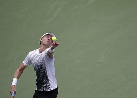 Kevin Anderson of South Africa serves to Denis Shapovalov of Canada during the third round of the US Open tennis tournament | AP