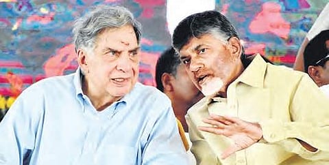 Chief Minister N Chandrababu Naidu after laying the foundation stone for the new hospital along with Tata Trusts chairman Ratan Tata in Tirupati on Friday.