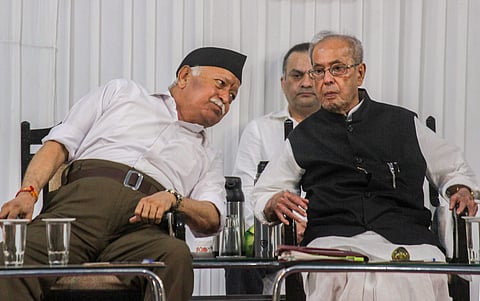 Former president Pranab Mukherjee along with RSS chief Mohan Bhagwat at the closing ceremony of 'Tritiya Varsha Sangh Shiksha Varga'. (File | PTI)
