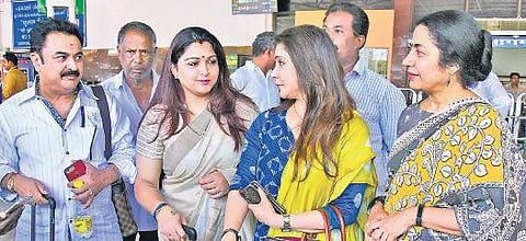 Actors Rajkumar, Khushboo, Lissy and Suhasini who arrived in Thiruvananthapuram on Friday to hand over their contribution to the  Chief Minister  B P Deepua