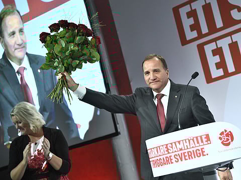 Prime minister and party leader of the Social Democrat party Stefan Löfven waves at an election party in Stockholm, Sweden. ( Photo | AP)
