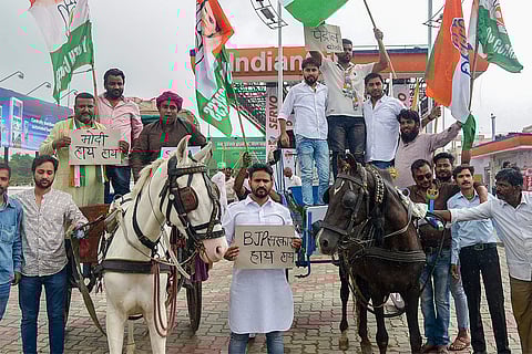 Congress workers ride horse-carts during the Bharat Bandh called against fuel price hike. (Photo | PTI)