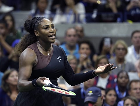 Serena Williams looks at her box during the women's final of the U.S. Open tennis tournament against Naomi Osaka, of Japan, Saturday, Sept. 8, 2018, in New York. | AP