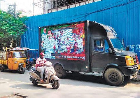 MLA Ramachandra Reddy’s campaign truck with an LED screen and loudspeaker mounted on it, in Hyderabad on Tuesday  | Express