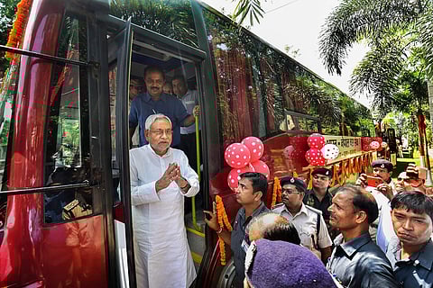 Bihar Chief Minister Nitish Kumar flags off 'Bharat Nepal Maitri Bus Seva' bus service between Patna to Nepal and Bodhgaya to Kathmandu at CM secretariat in Patna on Tuesday. (Photo | PTI)