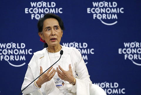 Aung San Suu Kyi, the State Counsellor of Myanmar, gestures during a one-on-one discussion with Berge Brende at the World Economic Forum's meeting at the National Convention Center . (Photo | AP)